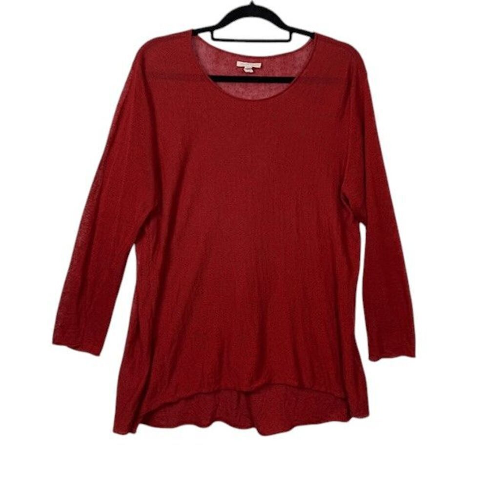 Eileen Fisher Serrano Fine Organic Linen‎ Crepe Jewel Neck Top Rusty Red Medium